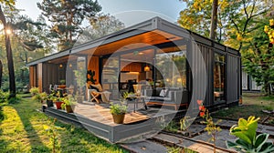 Sustainable Living: Modern Shipping Container Tiny House in Sunny Day - Eco-Friendly Accommodation or Holiday Home
