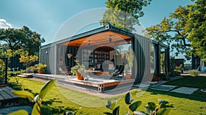 Sustainable Living: Modern Shipping Container Tiny House in Sunny Day - Eco-Friendly Accommodation or Holiday Home