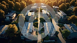 Sustainable Living, Top view of eco friendly neighborhood with solar panels