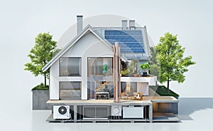 sustainable modern house building with solar panels and heat pump illustration