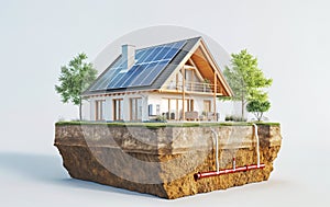 sustainable modern house building with solar panels and heat pump illustration