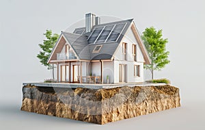 sustainable modern house building with solar panels and heat pump illustration