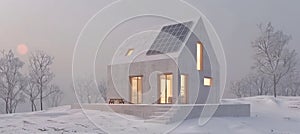 Sustainable modern house with rooftop solar panels for renewable green energy generation.