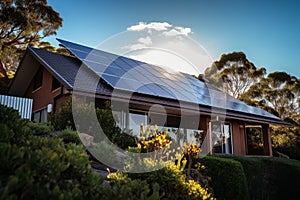 Sustainable Modern Living: Solar Panels Grace Gable Roof in Sunlit Brilliance