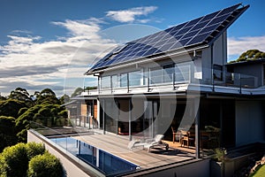 Sustainable Modern Living: Solar Panels Grace Gable Roof in Sunlit Brilliance