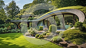 Sustainable modern luxury earth-sheltered home big lawn with trees, concept of eco friendly green roof house