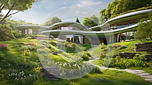 Sustainable modern luxury earth-sheltered home big lawn with trees, concept of eco friendly green roof house