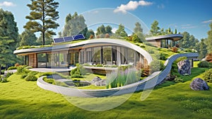 Sustainable modern luxury earth-sheltered home with solar panels and big lawn with trees, concept of eco friendly green roof house