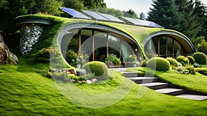 Sustainable modern luxury earth-sheltered home with solar panels and big lawn with trees, concept of eco friendly green roof house