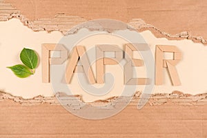Sustainable packaging concept. Text PAPER made with paper letters and sheets of corrugated cardboard