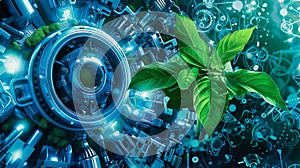 Sustainable plants thrive amidst digital infrastructure in a harmonious blend of nature and technology. Generative Ai