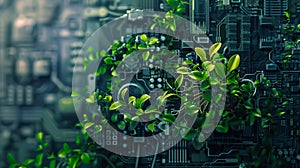 Sustainable plants thrive amidst digital infrastructure in a harmonious blend of nature and technology. Generative Ai