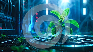 Sustainable plants thrive amidst digital infrastructure in a harmonious blend of nature and technology. Generative Ai