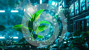 Sustainable plants thrive amidst digital infrastructure in a harmonious blend of nature and technology. Generative Ai