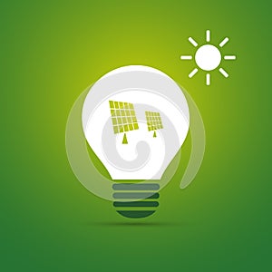 Sustainable Resources, Renewable, Reusable Green Energy Concept with Bright Glowing Light Bulb and Symbols of Solar Panel and Sun