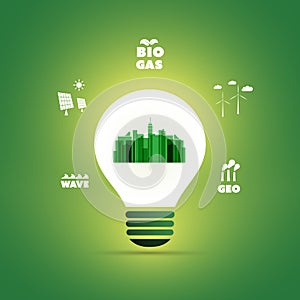 Sustainable Resources, Renewable, Reusable Green Energy Concept with Smart City Symbol in Bright Glowing Light Bulb