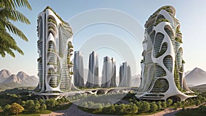 Sustainable sci-fi futuristic skyscraper village masterplan in nature - Generative AI Illustration