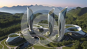 Sustainable sci-fi futuristic skyscraper village masterplan in nature - Generative AI Illustration