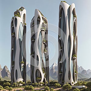 Sustainable skyscraper village masterplan in nature - Generative AI Illustration