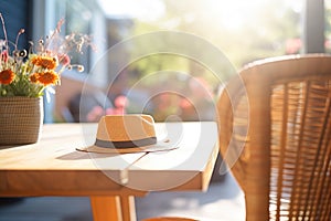 sustainable strawhat on a sunlit patio table photo