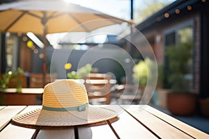sustainable strawhat on a sunlit patio table photo
