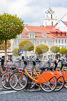 Sustainable transport. Row of bikes parked for hire