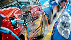 Sustainable transportation concept electric vehicle charging station with vans in background.