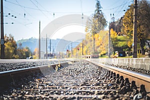 Sustainable traveling by train: Rail track and colorful, idyllic landscape in fall