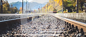 Sustainable traveling by train: Rail track and colorful, idyllic landscape in fall