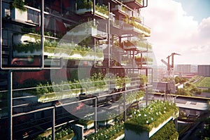 sustainable vertical farm with solar panels on the rooftop