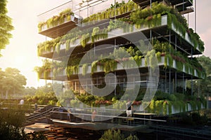 sustainable vertical farm with solar panels on the rooftop