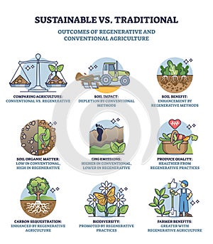 Sustainable vs traditional outcomes of regenerative farming outline diagram