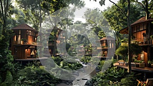 Eco-Friendly Forest Cabins by Tranquil Stream. Environmental and sustain concept photo