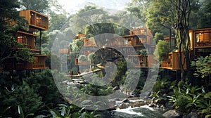 Eco-Friendly Forest Cabins by Tranquil Stream. Environmental and sustain concept photo