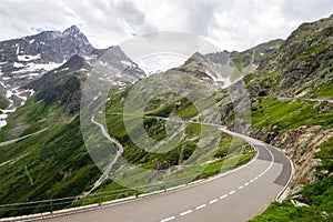 Susten mountain road and glacier in Switzerland