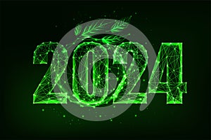 Sustianable future 2024 New Year web banner with green digits and leaves. ESG 2023 plan.