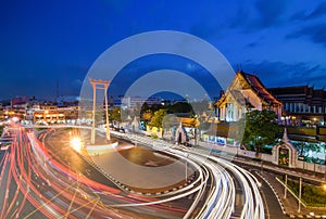 Suthat Temple and the Giant Swing at Twilight Time, Bangkok, Thailand