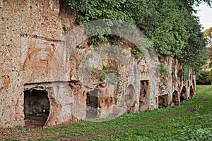 Sutri, Viterbo, Lazio, Italy: Etruscan archaeological site, the ancient necropolis, 2100 years old, with the tombs dug in the tuff