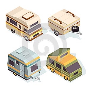 SUV and camping cars. Isometric pictures set of travel cars