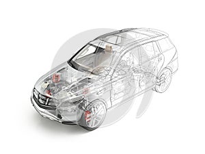 Suv car detailed cutaway realistic morphing to drawing.