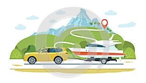 SUV car with a driver tows a trailer with a boat. Vector illustration