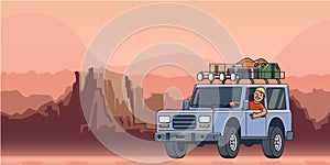 SUV car with luggage on the roof and smiling guy behind the wheel moving through the Grand Canyon. Off-road vehicle and