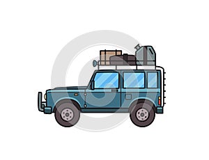 SUV car with luggage on the roof trunk. Off-road vehicle with cargo on top, side view. Isolated image on white