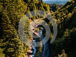 suv car at off road. canyon in carpathian mountains