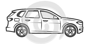SUV. Car vector illustration in hand-drawn style for logos, emblems and off-road competitions. All wheel drive vehicle. Black