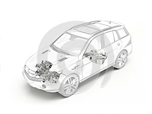 Suv cutaway drawing showing engine and fuel tank.