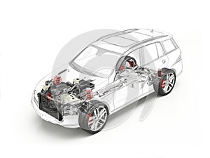 Suv cutaway drawing showing undercarriage details with accessories. photo