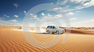 SUV Driving Through Desert Dunes kicking up sand on vast desert landscape