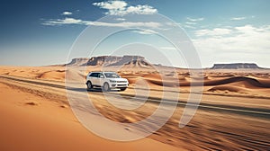 SUV Driving on a desert road with majestic rocky plateaus photo