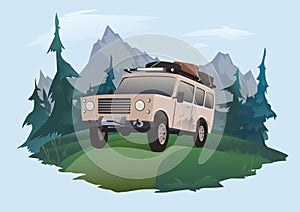 SUV driving on a forest road. Jeeping emblem. Traveling by off-road car. Vector isolated illustration.